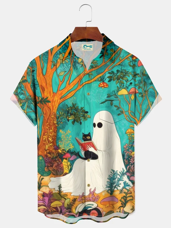 Royaura® Men's Vintage Ghost Black Cat Reads Oil Paintings Print Retro Short Sleeve Shirt Big & Tall