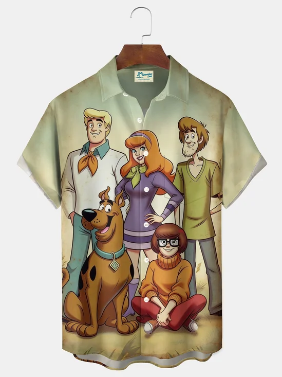 Royaura® Retro Cartoon Dog Print Men's Button Pocket Short-Sleeve Holiday Shirt Big & Tall