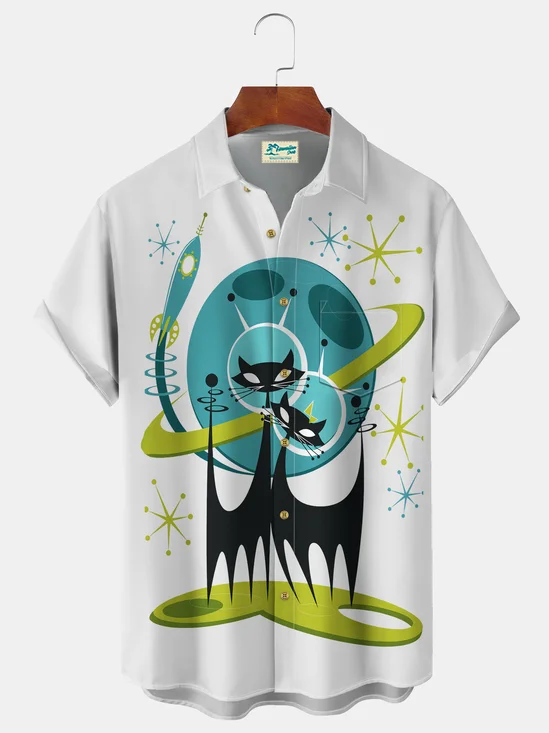 Royaura® Men's Vintage  Atomic Black Cat  Print Retro Short Sleeve Shirt Big & Tall