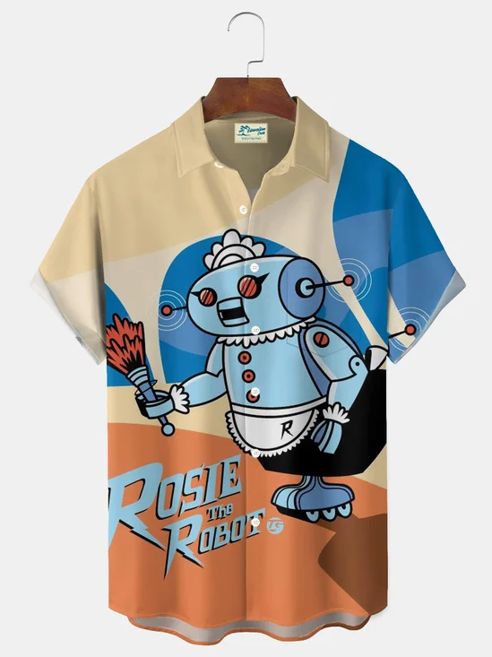 Royaura® Retro Cartoon Robot Print Men's Button Pocket Short-Sleeve Holiday Shirt Big & Tall