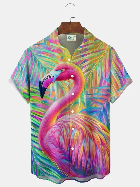 Royaura® Hawaiian Flamingo Floral Print Men's Button Pocket Short-Sleeve Holiday Shirt Big & Tall