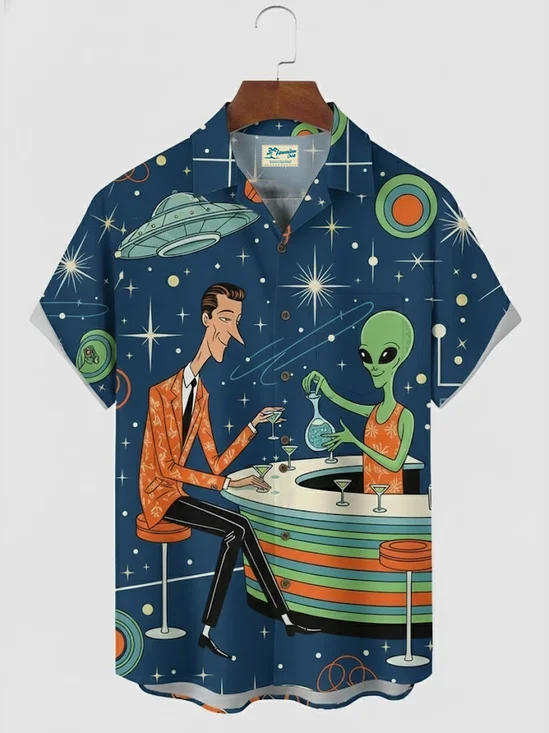 Royaura® Retro Geometric Art Print Men's Button Pocket Short-Sleeve Holiday Shirt Big & Tall