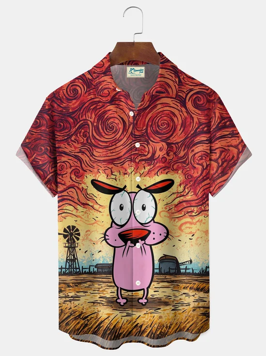 Royaura® Retro Cartoon Art Print Men's Button Pocket Short-Sleeve Holiday Shirt Big & Tall