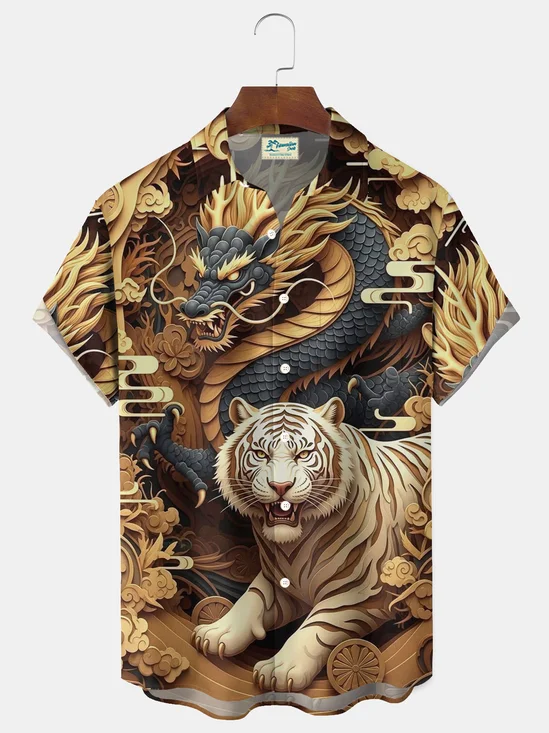 Royaura® Retro Animal Dragon and Tiger Print Men's Button Pocket Short-Sleeve Holiday Shirt Big & Tall