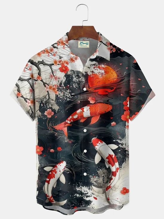 Royaura® Retro Japanese Style Koi Print Men's Button Pocket Short-Sleeve Holiday Shirt Big & Tall