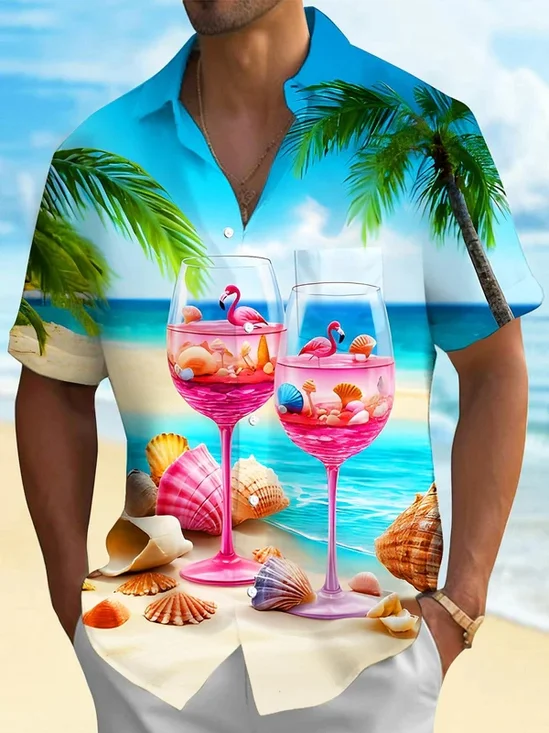 Royaura® Hawaiian Flamingo Cocktail Print Men's Button Pocket Short-Sleeve Holiday Shirt Big & Tall