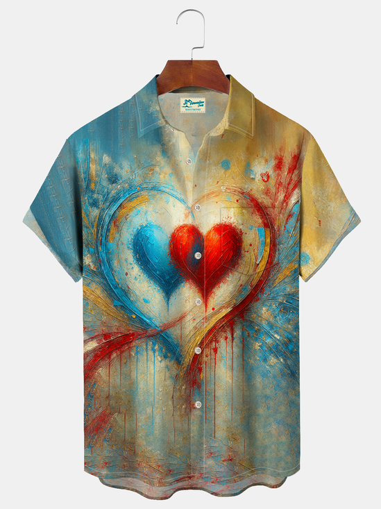 Royaura® Men's Valentine's Day Red Blue Texture Love Print Retro Short Sleeve Shirt Big & Tall