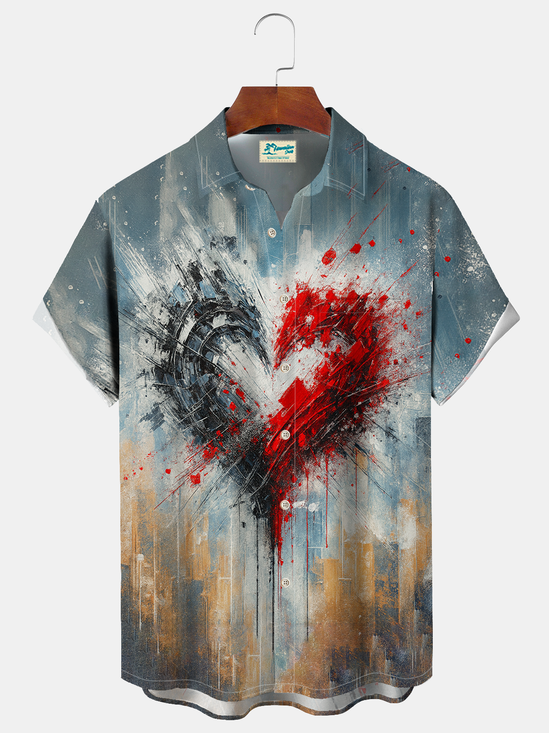 Royaura® Men's Valentine's Splashing Hearts Day Print Retro Short Sleeve Shirt Big & Tall
