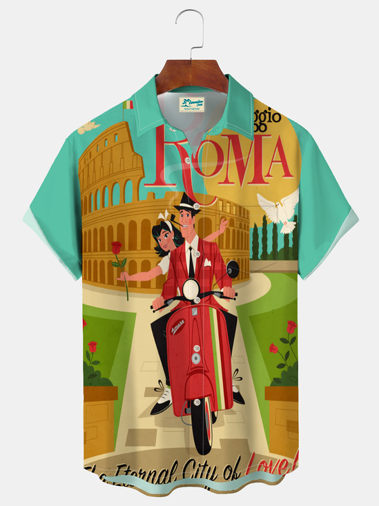 Royaura® Men's Valentine's Day Rome Couple Holiday Print Retro Short Sleeve Shirt Big & Tall