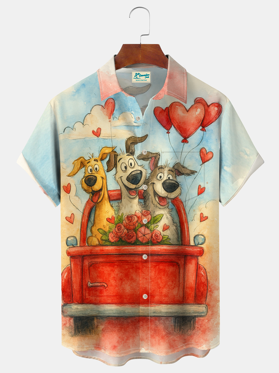 Royaura® Men's Valentine's Day Loving Puppy Watercolor Print Retro Short Sleeve Shirt Big & Tall
