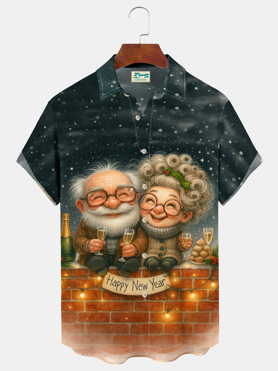 Royaura® Men's Happy New Year Funny Senior Couple Print Retro Short Sleeve Shirt Big & Tall