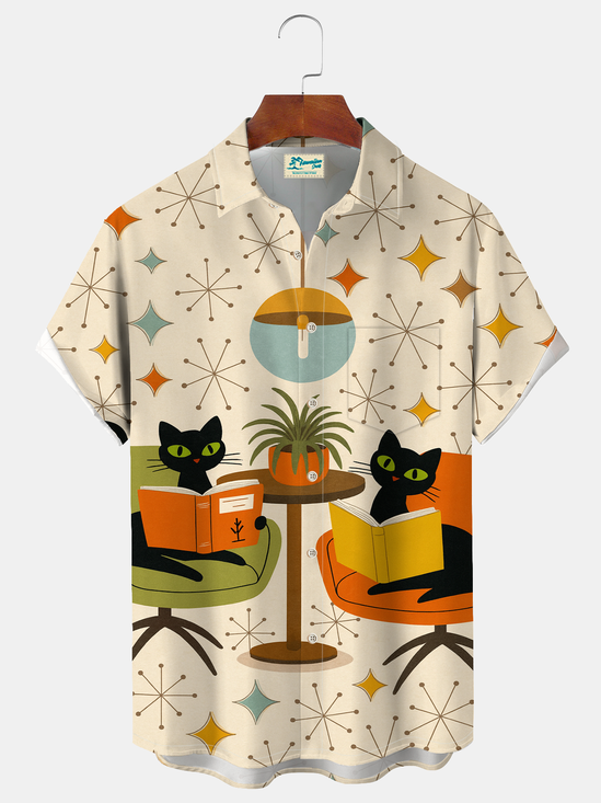 Royaura® Men's Vintage Atom Black Cat Print Retro Short Sleeve Shirt Big & Tall