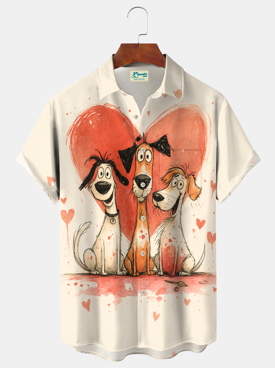 Royaura® Men's Valentine's Day Love Little Dog Watercolor Print Retro Short Sleeve Shirt Big & Tall