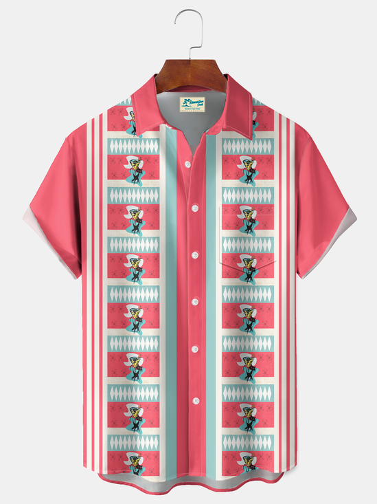 Royaura® Men's Basic Stripes Bowling  Atomic Cat Wine Print Retro Short Sleeve Shirt Big & Tall