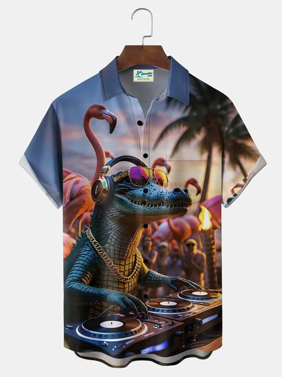 Royaura® Men's Holiday Mardi Gras Carnival Crocodile Flamingo Print Button Pocket Short Sleeve Shirt Big & Tall