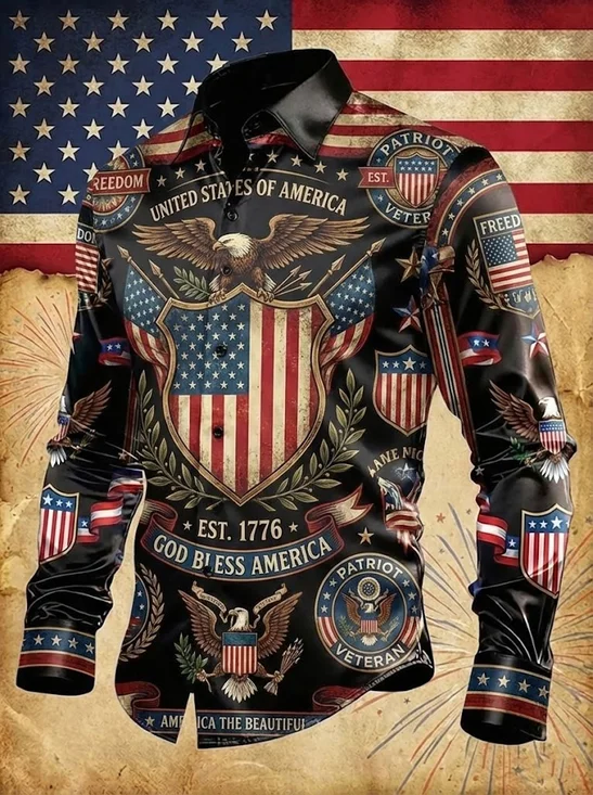 Royaura® Retro Flag Print Men's Button-Down Long-Sleeve Shirt Big & Tall