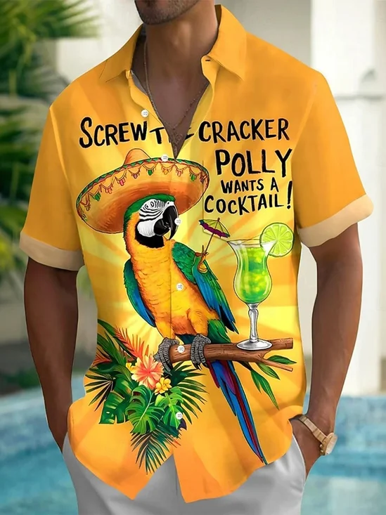 Royaura® Men's Tropic Tiki Parrot Print Retro Short-Sleeve Shirt Big & Tall