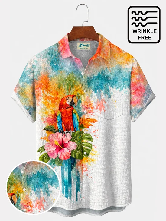 Royaura® Men's Tropic Hibiscus Flower Parrot Watercolor Ink Splashing Seersucker Print Retro Short-Sleeve Shirt Big & Tall