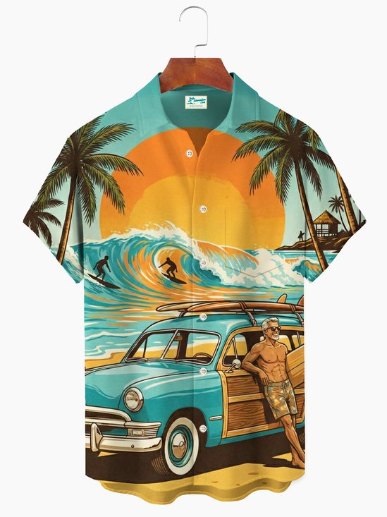 Royaura® Men's Hawaiian Series Palm Tree Surf Camping Car Print Button-Down Pocket Short-Sleeve Shirt Big & Tall
