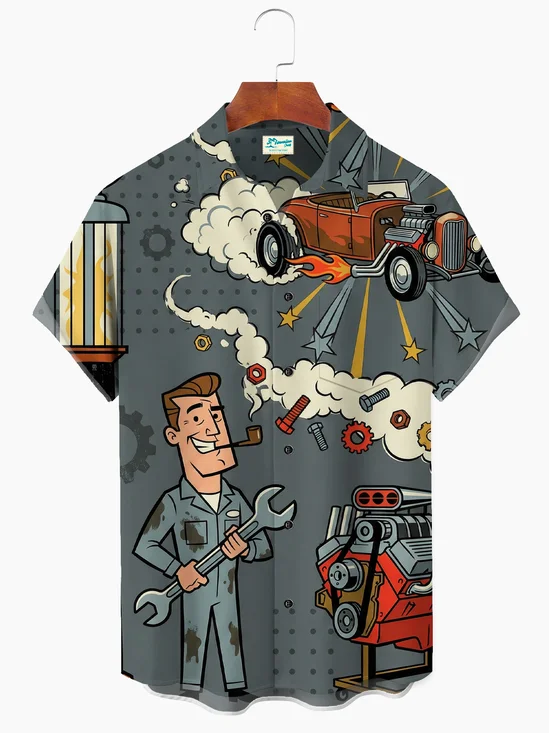 Royaura® Men's Hawaiian Series Cars Print Button-Down Pocket Short-Sleeve Shirt Big & Tall