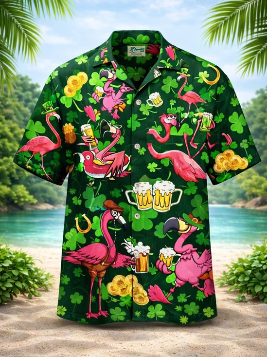 Royaura® Men's Holiday St Patrick Clover Beer Tropical Flamingo Forgiving Fit Camp Collar Retro Short Sleeve Shirt Big & Tall