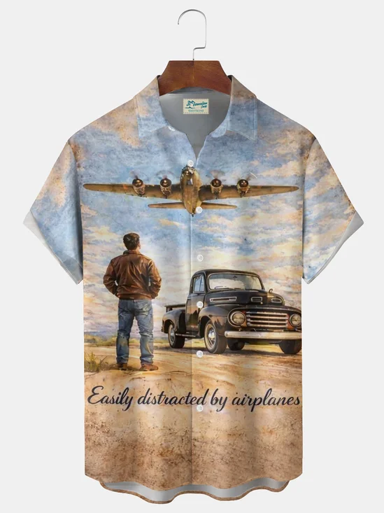 Royaura® Retro Airplane and Car Print Men's Button-Down Short-Sleeve Shirt Big & Tall