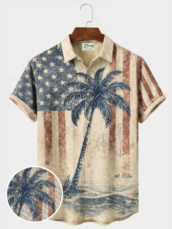 Royaura® Hawaiian Retro Flag and Coconut Tree Print Men's Button-Down Short-Sleeve Shirt Big & Tall