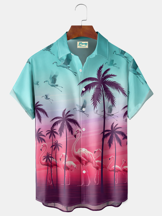 Royaura® Men's Tropic Sunset Flamingo Silhouette Retro Print Resort Casual Shirt Button Down Short-Sleeve Big & Tall