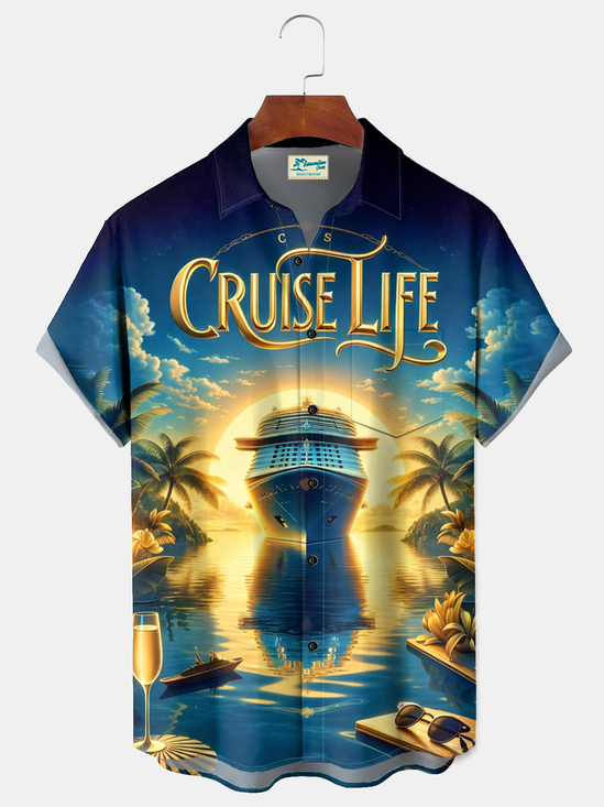 Royaura® Men's Tropic Cruise Life Luxury Ship Tropical Sunset Palm Tree Golden Hour Retro Print Button Down Short-Sleeve Big & Tall