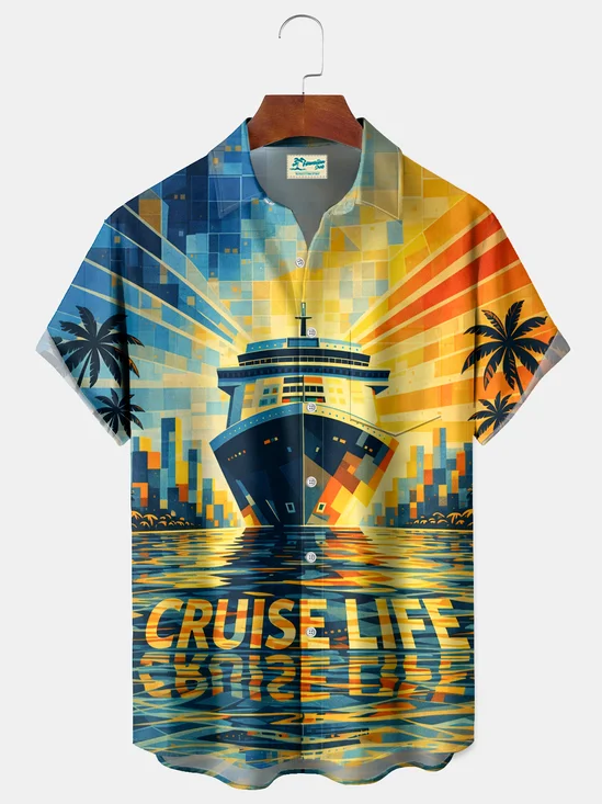 Royaura® Men's Holiday Vintage Blue & Yellow Geometric Cruise Ship & 'Cruise Life' Print Button Down Short-Sleeve Big & Tall