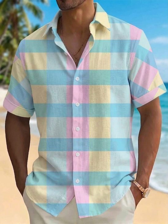 Royaura® Men's Basic Pastel Plaid Check Print Button-Down Pocket Short-Sleeve Shirt Big & Tall