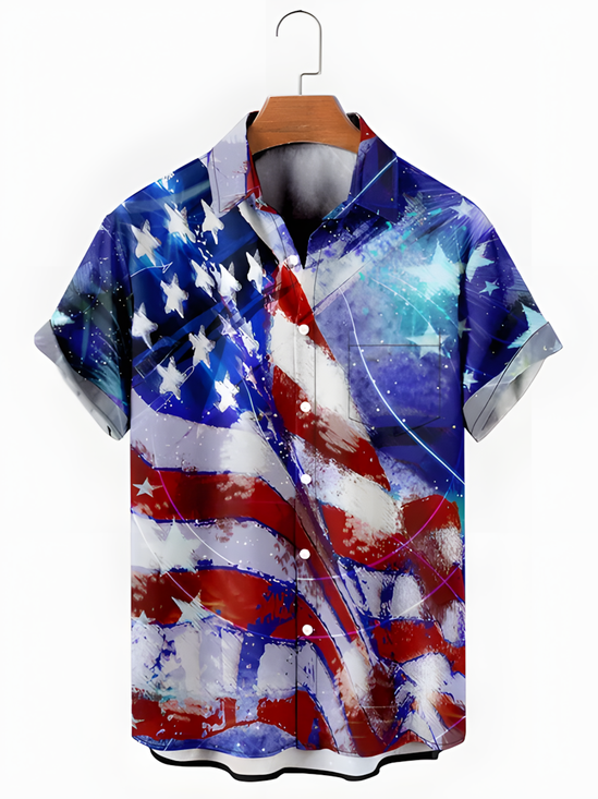Royaura® Men's Vintage USA American Flag Abstract Watercolor Patriotic 4th of July Short-Sleeve Button-Down Pocket Shirt Big & Tall