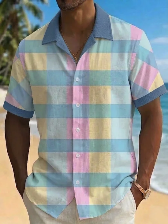 Royaura® Men's Vintage Summer Pastel Plaid Checkered Preppy Retro Colorful Button-Down Pocket Short-Sleeve Shirt Big & Tall