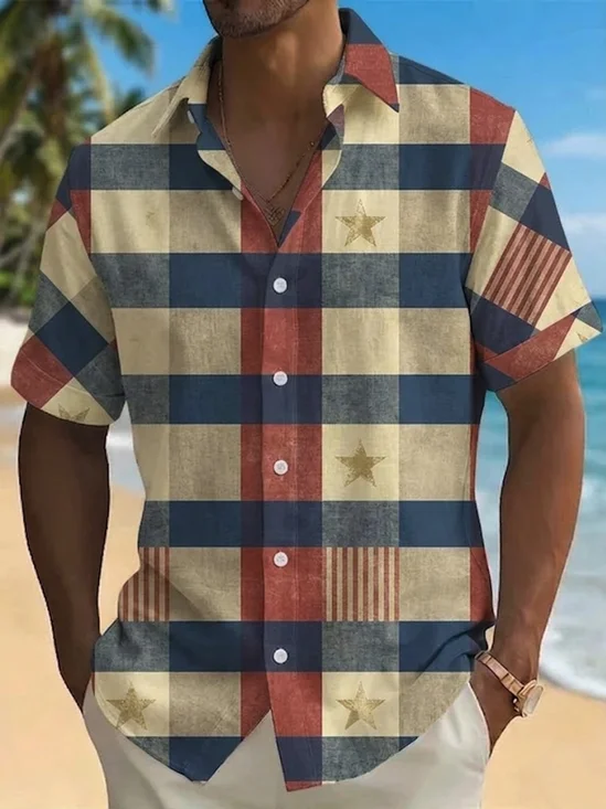 Royaura® Men's Holiday Americana Plaid Checkered Stars and Stripes Patriotic 4th of July Print Button-Down Pocket Short-Sleeve Shirt Big & Tall