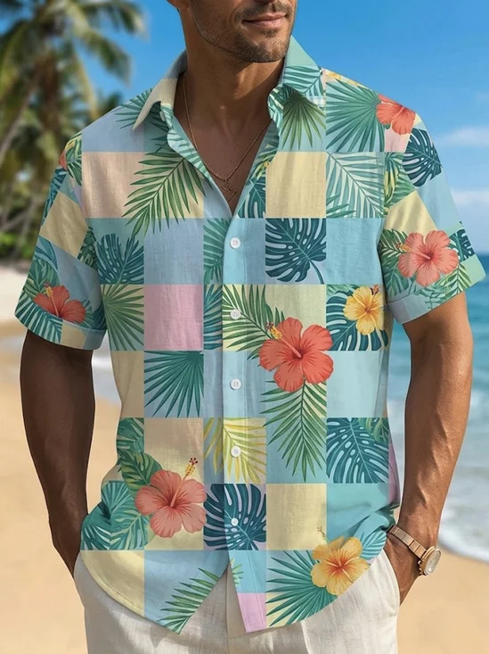 Royaura® Men's Vintage Tropical Hibiscus Palm Leaf Retro Checkered Floral Button-Down Pocket Short-Sleeve Shirt Big & Tall