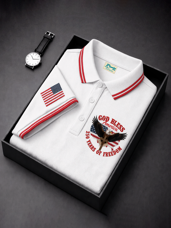 Royaura® Men's Holiday 250th Anniversary National Icons Commemorative Print Retro Button Down Short-Sleesleeved Polo Shirt Big & Tall