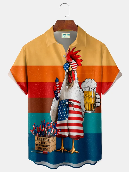 Royaura® Men's Holiday 250th Anniversary Patriotic Party Retro Chicken Beer Print Retro Button Down Short-Sleeve Big & Tall