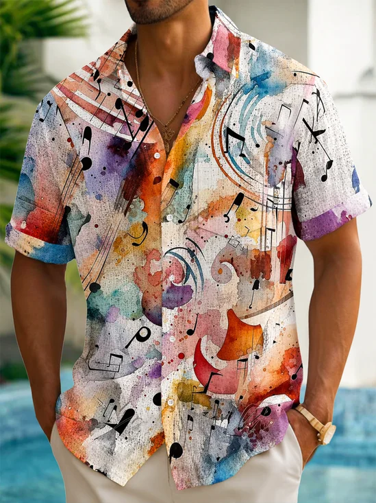 Royaura® Men's Vintage Watercolor Music Melody Abstract Musical Note Artistic Symphony Print Retro Button Down Short-Sleeve Big & Tall