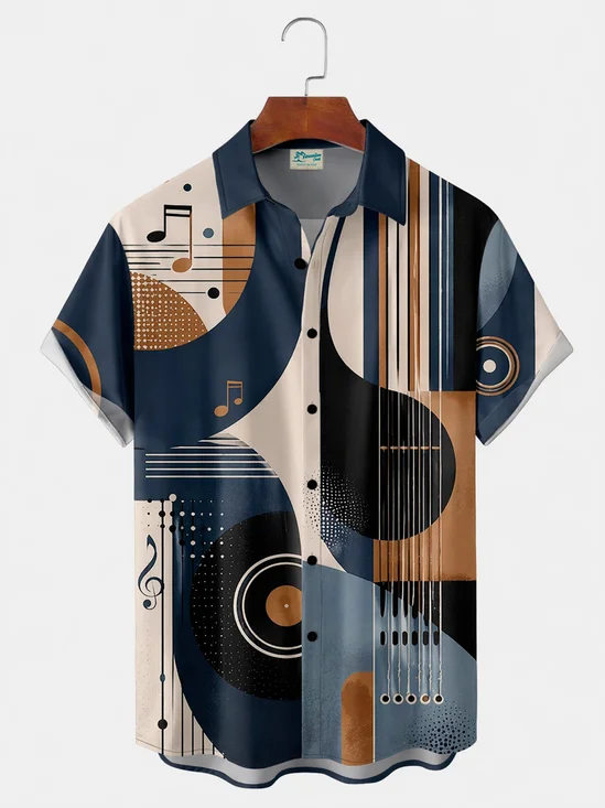 Royaura® Men's Vintage Mid-Century Vinyl Record Retro Jazz Music Notes Abstract Musical Rhythm Print Retro Button Down Short-Sleeve Big & Tall
