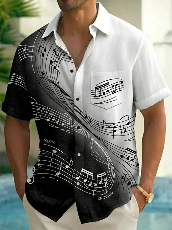 Royaura® Men's Vintage Monochrome Music Notes Minimalist Musical Symbol Elegant Gradient Aesthetic Print Retro Button Down Short-Sleeve Big & Tall