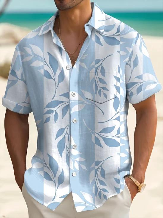 Royaura® Men's Vintage Botanical Nautical Stripes Sky Blue Print Retro Short-Sleeve Shirt Big & Tall