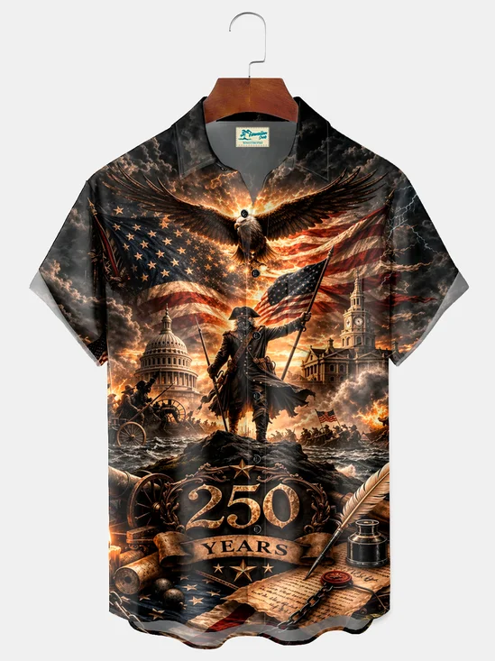 Royaura® Men's Holiday Epic Founding Father Cinematic Battle Scene Golden 250 Years Tribute Print Retro Button Down Short-Sleeve Big & Tall