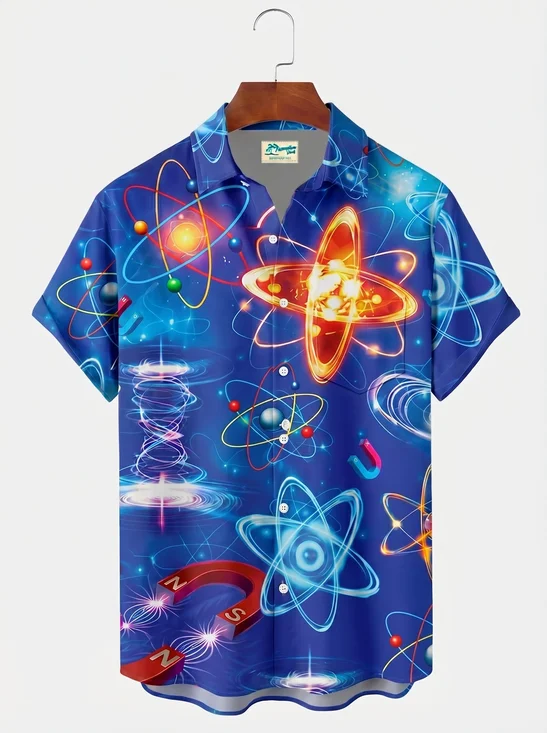Royaura® Men's Vintage Atomic Physics Magnetism Quantum Science Neon Graphic Print Button-Down Pocket Short-Sleeve Shirt Big & Tall
