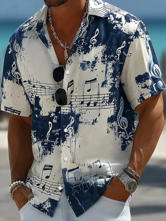 Royaura® Men's Vintage Abstract Musical Note Sheet Music Treble Clef Graphic Button-Down Short-Sleeve Shirt Big & Tall