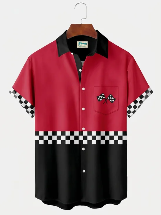 Royaura® Men's Vintage Racing Pit Crew Checkered Flag Moto Sports Color Block Graphic Button-Down Pocket Short-Sleeve Shirt Big & Tall