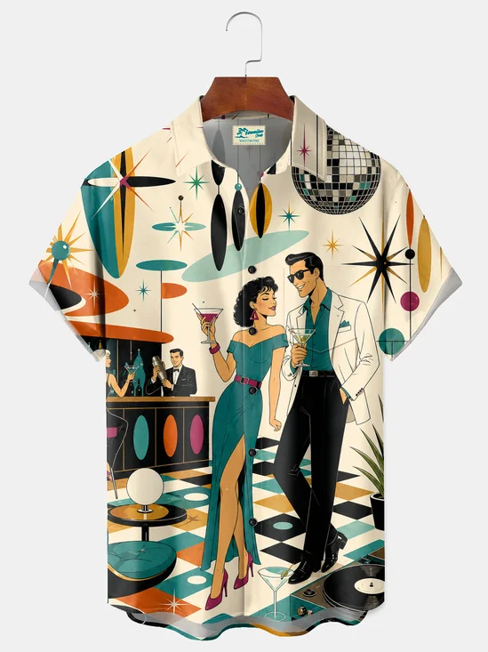 Royaura® Men's Vintage Mid-Century Party Illustration Atomic Age Aesthetic Cocktail  Print Retro Button Down Short-Sleeve Big & Tall