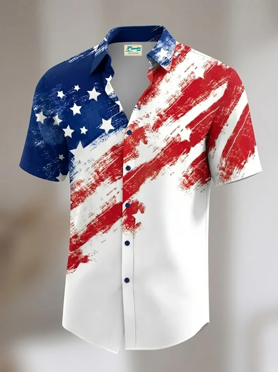 Royaura® Independence Day Holiday Men's Hawaiian Shirt American Flag Art Stretch Quick Dry Surf Pocket Shirt Big Tall
