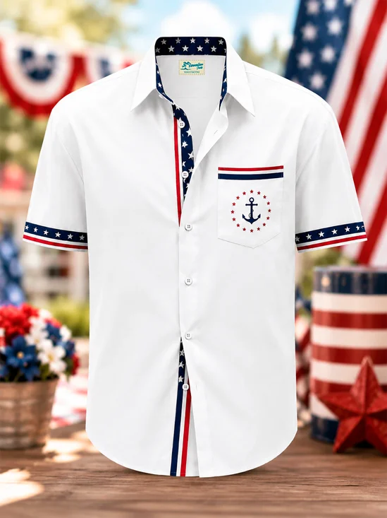 Royaura® Men's Holiday Classic Patriotic Striped Trim Nautical Anchor Vision Celebration Ethos Print Casual Button Down Short-Sleeve Big & Tall