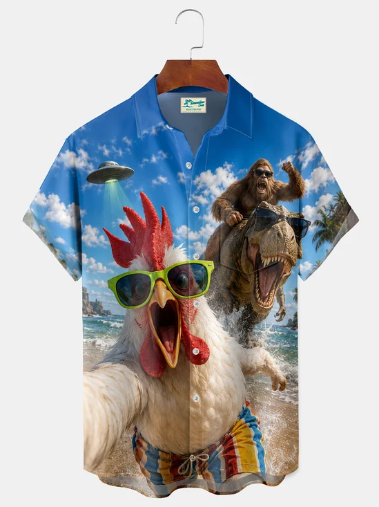 Royaura® Men's Vintage Funny Beach Chicken UFO Dinosaur Graphic Button-Down Short-Sleeve Shirt Big & Tall