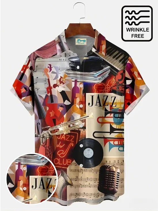 Royaura® Men's Vintage Geometric Art Music Jazz Print Retro Seersucker Short-Sleeve Shirt Big & Tall